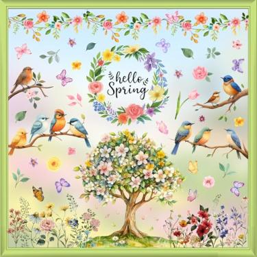 Imagem de JMHACHY Adesivos de janela de mola - 9 folhas 121 peças reutilizáveis Hello Spring Decorações para vidro para escritório em casa, pássaros flores adesivos de janela para vidro, decalques grandes de