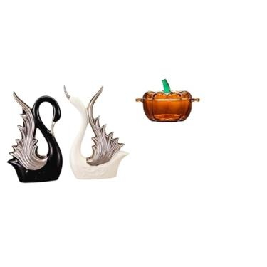 Imagem de Whtkoph Conjunto de Cisnes de Cerâmica E Bomboniere de Vidro em Formato de Abóbora com Tampa, Ideal para Mesa, Prateleira, Lareira Ou Como Decoração de Pote.