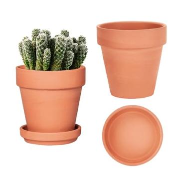 Imagem de vensovo Vasos de terracota e argila de 15 cm para plantas com pires - pacote com 2 plantadores médios de terracota com orifício de drenagem, vaso de flores para plantas internas e externas, artesanato