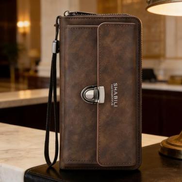 Imagem de Carteira masculina ultrafina de couro PU marrom escuro com fivela vertical, design vertical com fivela, padrão xadrez, couro PU, perfil ultrafino