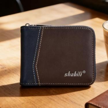 Imagem de Carteira masculina retrô marrom claro curto com estampa magnética de couro sintético, design curto marrom claro retrô com fecho magnético, couro sintético com padrão de tecido