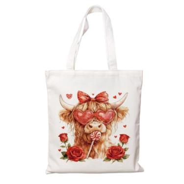 Imagem de Sacola de lona, sacola de dia dos namorados, sacolas de compras reutilizáveis, presente para mulheres, vaca highland com óculos de coração e pirulito, sacolas de praia de pano branco, bolsa de praia