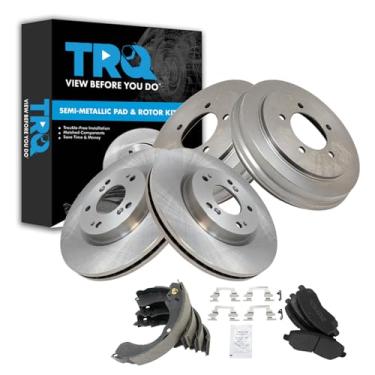 Imagem de TRQ Pastilha de freio dianteiro e traseiro e rotor, kit de sapata e tambor semimetálico compatível com Chrysler Sebring 2007-2009 Dodge Avenger 2008-2017 Jeep Compass Patriot 2008-2017
