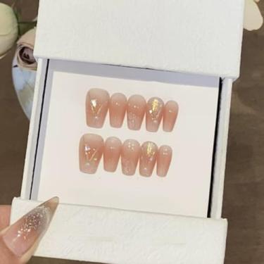 Imagem de Unhas postiças curtas curtas médias ombré rosa ombré com linhas simples purpurina pérola glitter Desien cobertura completa cola acrílica falsa em unha para mulheres, 30 peças