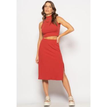 Imagem de Conjunto Cropped Regata E Saia Midi Malha Canelada Terracota Salvatore