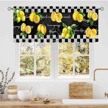 Imagem de Cortinas de sanefa de limão, verão, preto, amarelo, limão, sazonal, frutas da primavera, rústico, retrô, bolso para varão, pequena para cozinha, café, sala de estar, quarto, armário, banheiro, 137 x