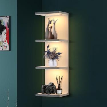 Imagem de VIWODS Prateleira de parede de 4 camadas com luzes LED, prateleira flutuante para decoração de casa, prateleira vertical montada na parede para quarto e sala de estar, branca