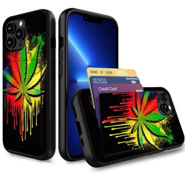 Imagem de wiaekosef Capa para iPhone 15 Pro Max, capa carteira com suporte para cartão de crédito camada dupla híbrida à prova de choque PC + capa TPU para iPhone 15 Pro Max 6,7 polegadas 2023, maconha folha de