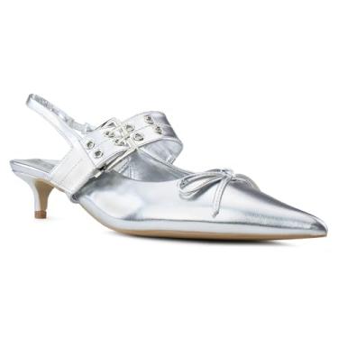 Imagem de RF Sapato feminino bico fino Slingback Mary Jane salto gatinho Mule escarpin, Poliuretano prateado - Alça com fivela, 35