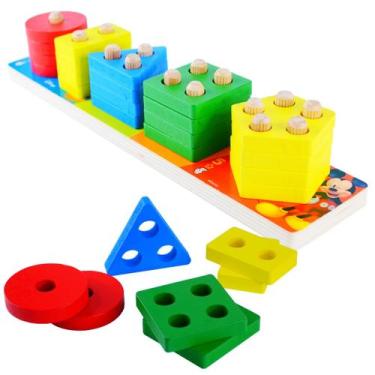 Imagem de Brinquedo Mickey Didatico Disney Encaixe Formas Grande MDF, Colorido