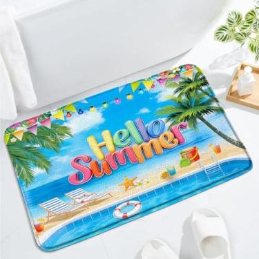 Imagem de JWJAMM Tapete de banho de verão, oceano, praia, tropical, náutico, litoral, palmeira, mar, litoral, Havaí, férias, férias, piscina, banheiro, cozinha, tapete de espuma de memória, 43 x 74 cm