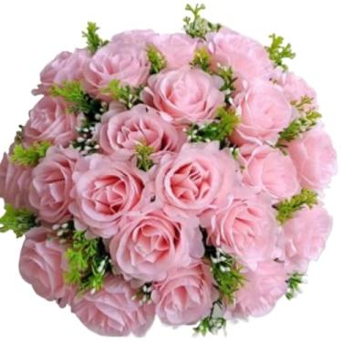 Imagem de Buquê de Rosas Artificiais com Folhagem C/24 Flores – Arranjo Decorativo Realista para Casa, Festa e Presente(Rosa -4581/3916)
