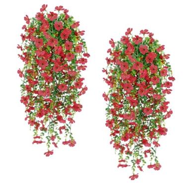 Imagem de Zythrem 10 peças de flores vermelhas falsas para pendurar, plantas artificiais para uso ao ar livre, margaridas de plástico realistas para pendurar na varanda, varanda, parede, festa, jardim