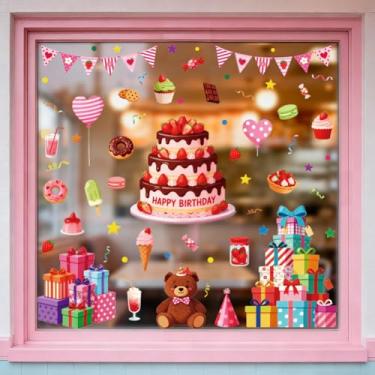 Imagem de ANATTASOUL Adesivos de janela estática para bolo de aniversário de morango, 1 folha reutilizável para vidro, adesivo de janela dupla face removível de 120 cm x 30 cm para decoração de quarto
