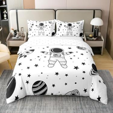 Imagem de jejeloiu Astronauta 100% algodão capa de edredom king size crianças foguete universo planetas jogo de cama para meninos meninas adolescentes jogo de cama espaço sideral capa de colcha branca