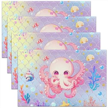 Imagem de Jogo americano de polvo com desenho animado de 30 x 45 cm para mesa de jantar, escamas de sereia à prova d'água para decoração de festa, tapetes de mesa laváveis com tema oceano, conjunto de 4