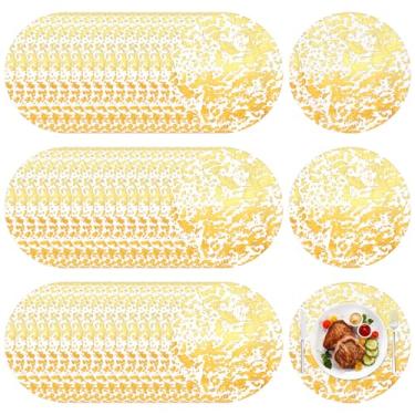 Imagem de YBEATY 100 peças de jogo americano descartáveis, tapetes de mesa redondos metálicos de 33 cm, decoração prensada de malha, corredores carregadores, para casamento, festa de aniversário, férias, jantar
