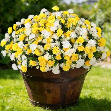 Imagem de Ammyoo Flores artificiais para decoração ao ar livre, 6 pacotes de flores de calêndula de seda resistente a UV, plantas falsas reais para jardim, varanda, pátio, varanda, quintal, decoração de casa