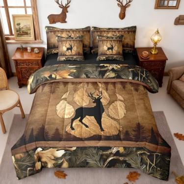 Imagem de Conjunto de edredom de veado com estampa de pata retrô xadrez para todas as estações, lençol de cima, lençol com elástico, 2 fronhas, 2 fronhas, 2 fronhas, tamanho casal