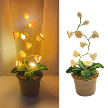 Imagem de AVEKI Lâmpada de lírio do vale, luminária de flores artificiais de crochê feita à mão com luz quente, linda lâmpada de mesa para quarto, luz noturna de LED, decoração de bateria, presente para mãe
