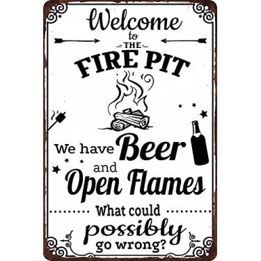 Imagem de ICRAEZY Placa Welcome to The Fire Pit Open Flames Backyard Outdoor Camping Funny Vintage Metal Tin Sign Retro Home Cabin Outside Wall Decor Firepit Camper Car para decoração externa 20 x 30 cm