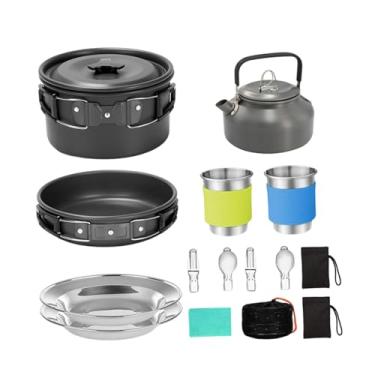 Imagem de oshhni Kit de utensílios de cozinha para camping com copos, pratos, garfos, pano de limpeza, panela, frigideira e chaleira para, trilhas, Preto