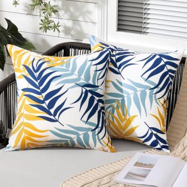 Imagem de MIULEE Pacote com 2 fronhas decorativas à prova d'água para ambientes externos, capas de almofada quadradas de primavera com padrão de folhas naturais para sofá, 45 x 45 cm, amarelo e azul