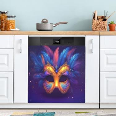 Imagem de ATTX Máscara colorida Mardi Gras capa magnética para lava-louças | Adesivo decorativo de eletrodomésticos de 58 x 66 cm para armários domésticos e eletrodomésticos (142)