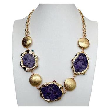 Imagem de DWBPGVUN Colar de corrente de contas de moeda escovada banhada a ouro com fatia de ágata roxa 58,4 cm