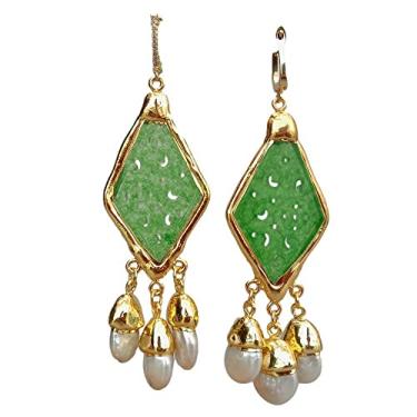 Imagem de Brincos com pingente de pérola de água doce branca esculpida em losango verde em jade estilo vintage para mulheres
