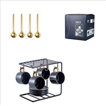 Imagem de Conjunto de chávenas de chá com chávenas e pires de cerâmica Conjunto de chávenas de chá da tarde de luxo europeu para café latte conjunto de xícaras de café (branco 4 peças) (branco 6 peças) (preto 4