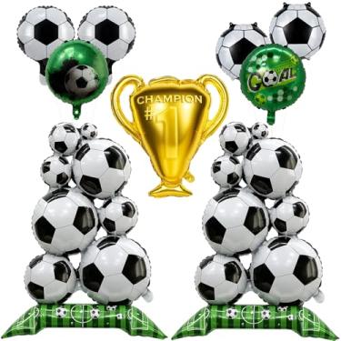 Imagem de Balões de futebol, 9 decorações de festa com 2 pilhas de bola de futebol em pé, 1 troféu médio, 2 bolas de futebol (25 cm e 45 cm), 2 balões de futebol pretos e brancos, 2 balões redondos de futebol
