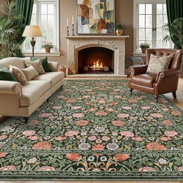 Imagem de GarveeHome Tapete verde escuro vintage floral lavável 15 x 23 cm para sala de estar, boho, botânico, retrô, resistente a manchas, tapete antiderrapante para quarto, berçário, sala de jantar