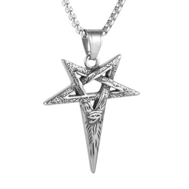 Imagem de Colar com pingente de pentagrama pentagonal invertido gótico masculino e feminino, aço inoxidável 316L, corrente quadrada de pérola de aço inoxidável prata, joia vintage de amuleto