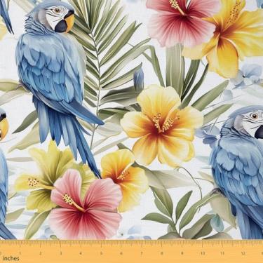 Imagem de Tecido decorativo à prova d'água flor papagaio por jarda, natureza tropical selva animal interior exterior estofado, folhas de palmeira, costura floral, 1 jarda, 91,4 cm C x 149,9 cm L