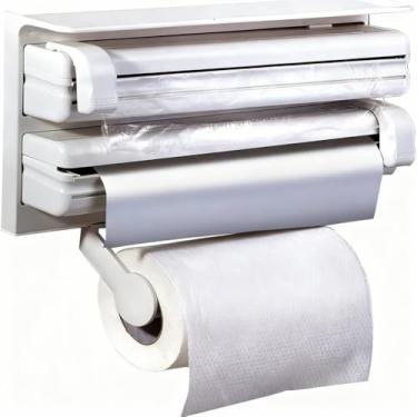 Imagem de Suporte Porta Papel Toalha 4 em 1 Rolo Alumínio Filme PVC | Para Cozinha Prático Corte Fácil(4 Unidades)