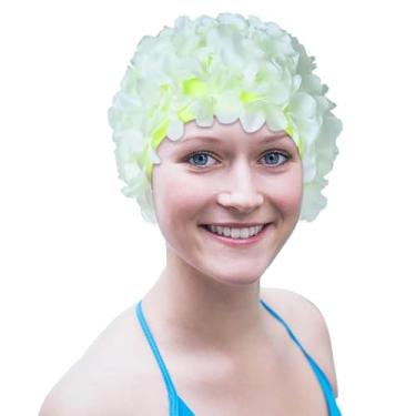Imagem de Touca de natação feminina - chapéu de natação floral, touca de natação feminina com pétalas florais, bonés de banho retrô modernos para cabelos longos/curtos, chapéu de natação para férias de praia e