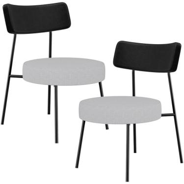 Imagem de Kit 02 Poltronas Decorativas Para Sala De Estar Base Fixa Londres L02 Couríssimo Preto Linho Cinza - Lyam