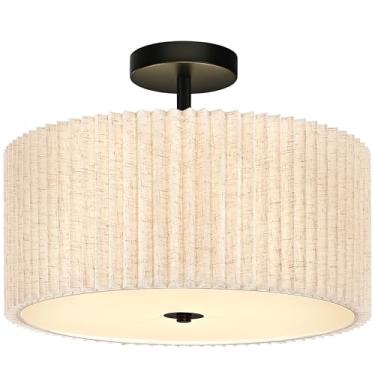 Imagem de Bagood Luminária de teto com 3 luzes semi-embutidas, luminária de tambor de 15,7 polegadas, luminária de teto de tambor com persiana de tecido plissado, preto, perto do teto, luminárias para corredor
