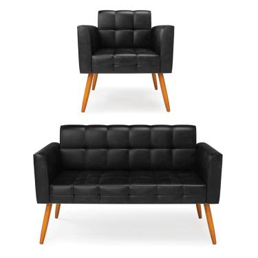 Imagem de Kit 1 Sofá Namoradeira e 1 Poltrona Elisa Corano Preto Pés Palito Castanho D03 - D'Rossi