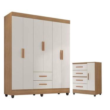 Imagem de Guarda Roupa Casal 6 Portas e Cômoda 4 Gavetas 01 Porta Lite Nature Off White - Móveis Leão