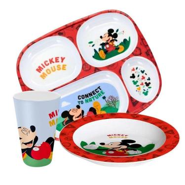 Imagem de Kit Refeição Infantil Mickey Mouse Disney 3 Peças Melamina Prato, Bandeja E Copo
