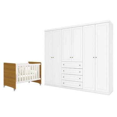Imagem de Berço Americano Evolution 4 Em 1 Branco Acetinado Savana Guarda Roupa Casal 6 Portas Branco Henn