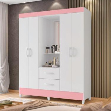 Imagem de Guarda Roupa 4 Portas Branco Rosa 2 Gavetas Capelinha Dubai MDP com Espelho Casah