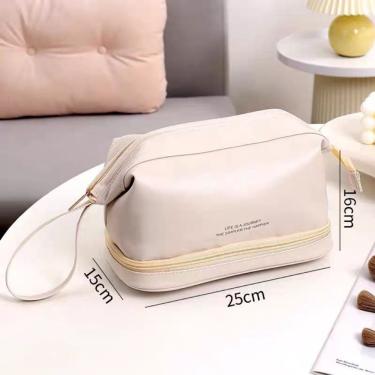 Imagem de Bolsa para Maquiagem de Couro PU com Dois Andares para Armazenamento de Cosméticos, Grande Capacidade para Viagem Branco