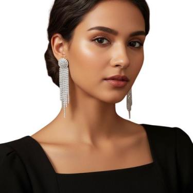 Imagem de Brinco de Pressão Longo Strass Festa Luxo Elegância Eventos - - anjo d