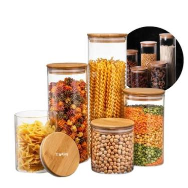 Imagem de Kit 5 Potes de Vidro Herméticos com Tampa de Bambu Organizador para Ma