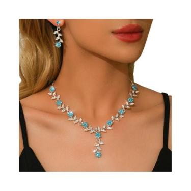 Imagem de Conjunto De Colar E Brincos Feminino Com Cristais E Folhas Em V - Joia