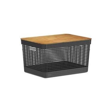 Imagem de Cesto Grid com Tampa de Bambu 20L Preto Ou, U