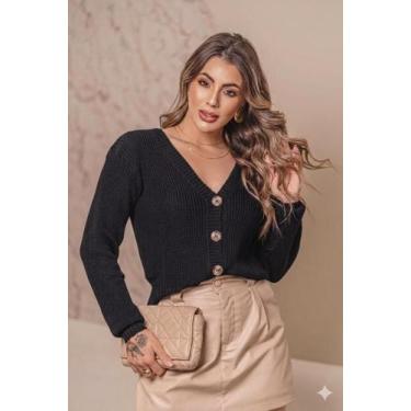 Imagem de Casaquinho Feminino Fang Botões Decote V Tricot Inverno Cor:PretoTaman